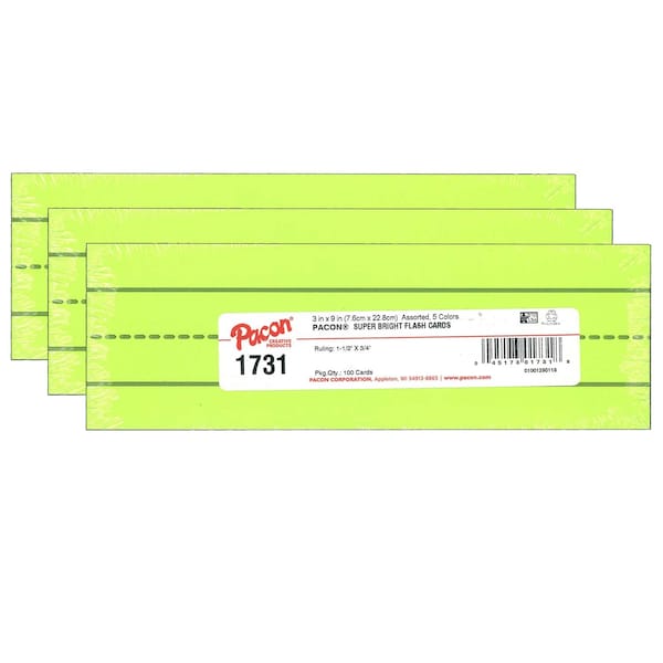 Super Bright Flash Cards, Assorted, Ruled, 3x9, 100 Cards/Pack, PK3